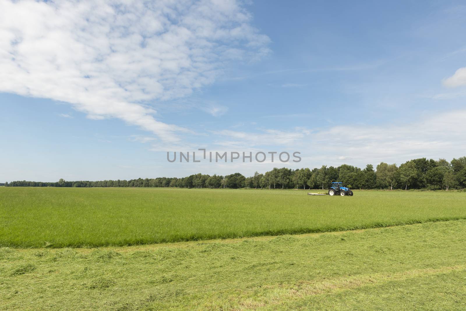 pasture mowing with blue tractor and mower by Tofotografie