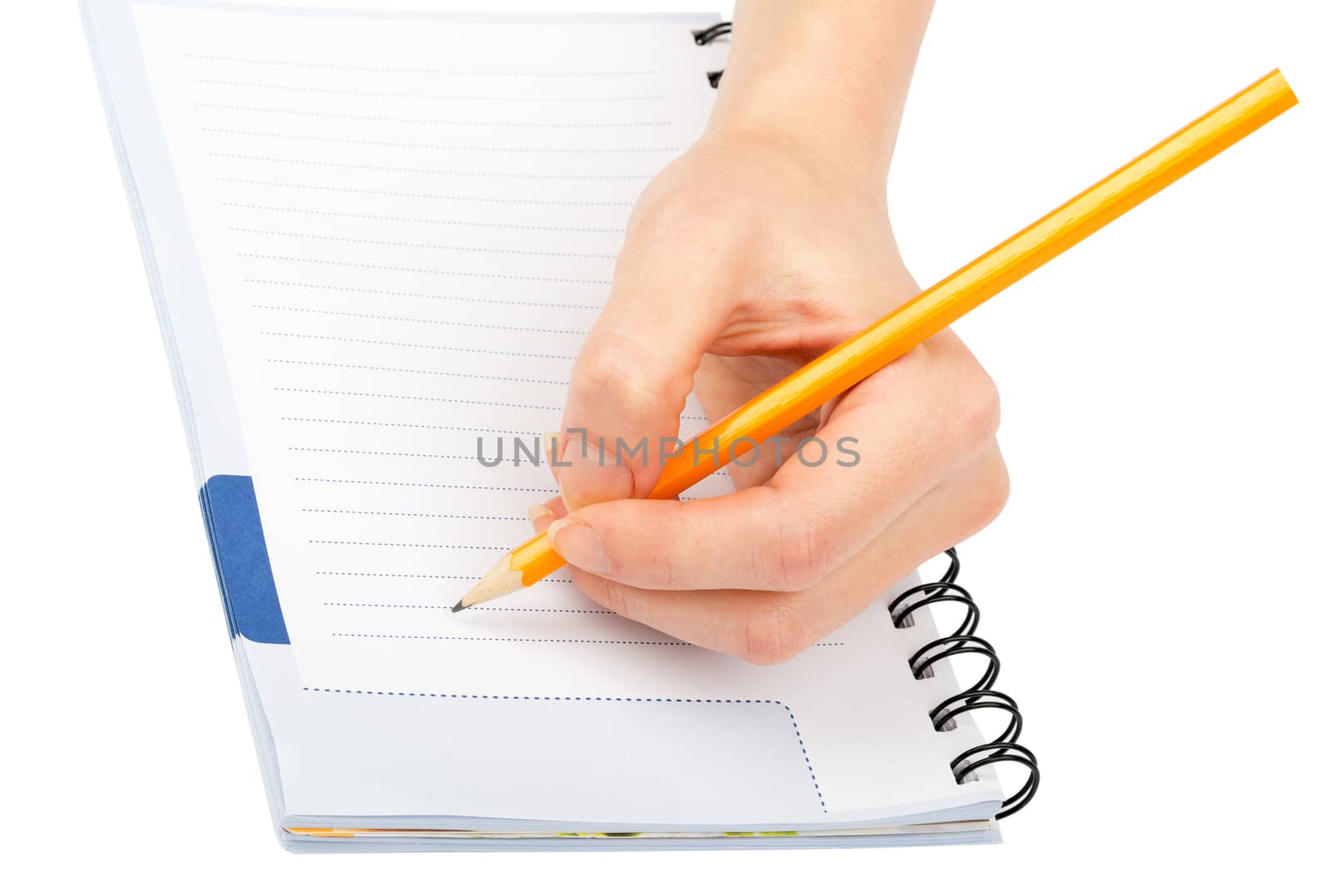 Closeup of woman's hand writing on paper on isolated white background