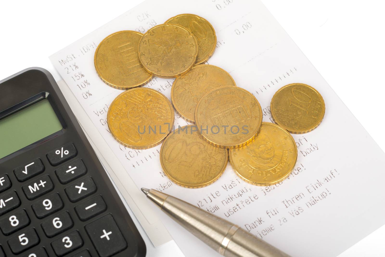 Coins, chart and calculator as symbol for exchange rates, closeup
