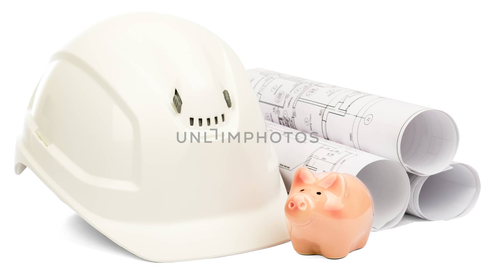 Construction house. Drawings for building and helmet on white a background.