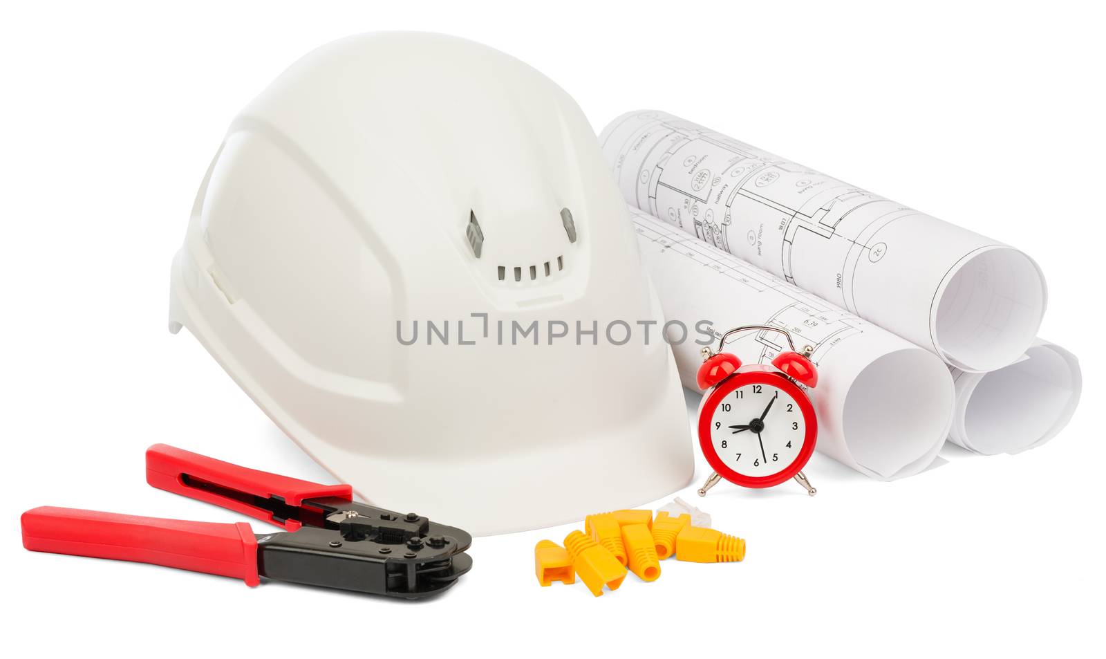Blueprint rols and helmet with tools on isolated white background
