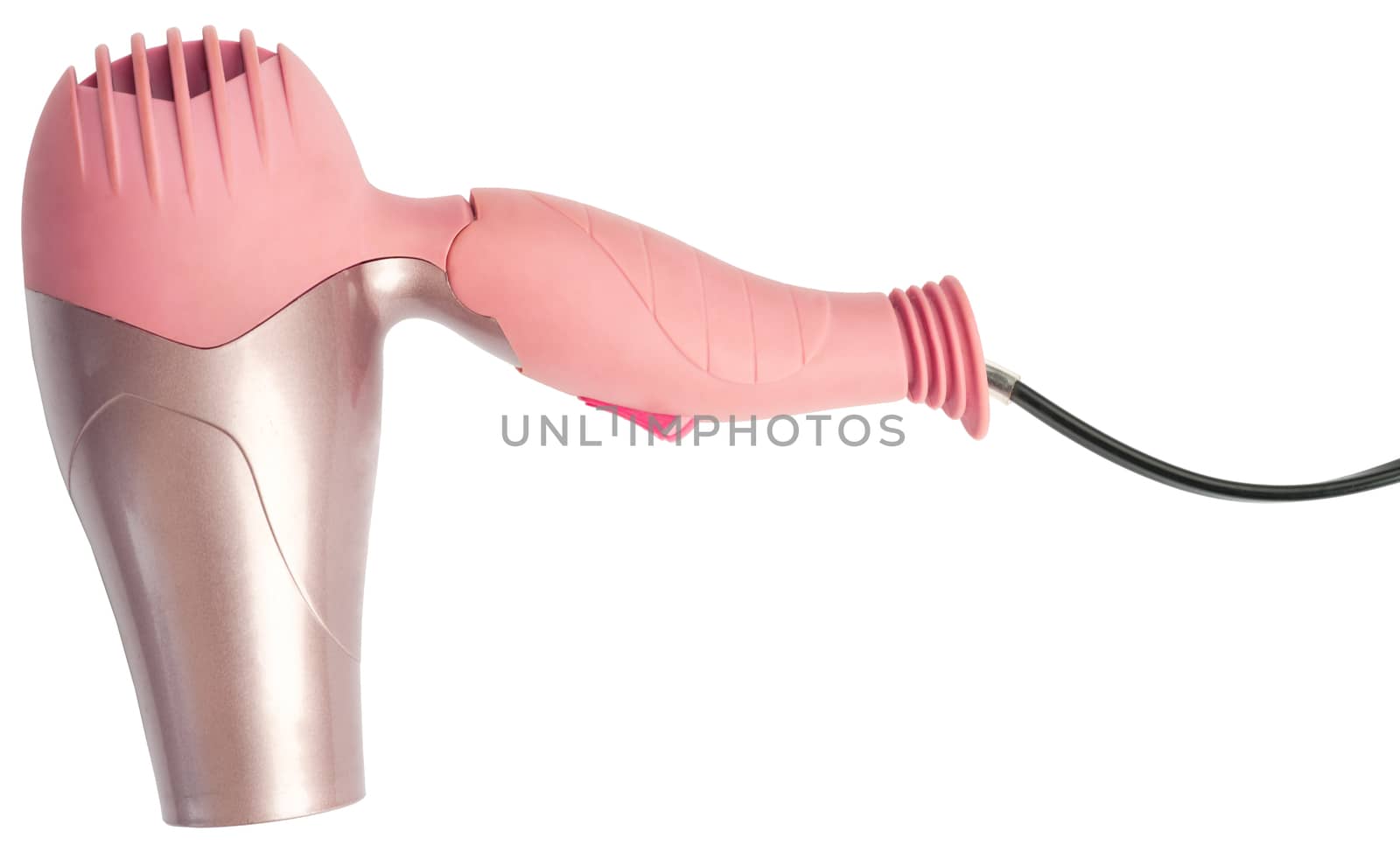 Pink hairdryer on isolated white background. Beauty