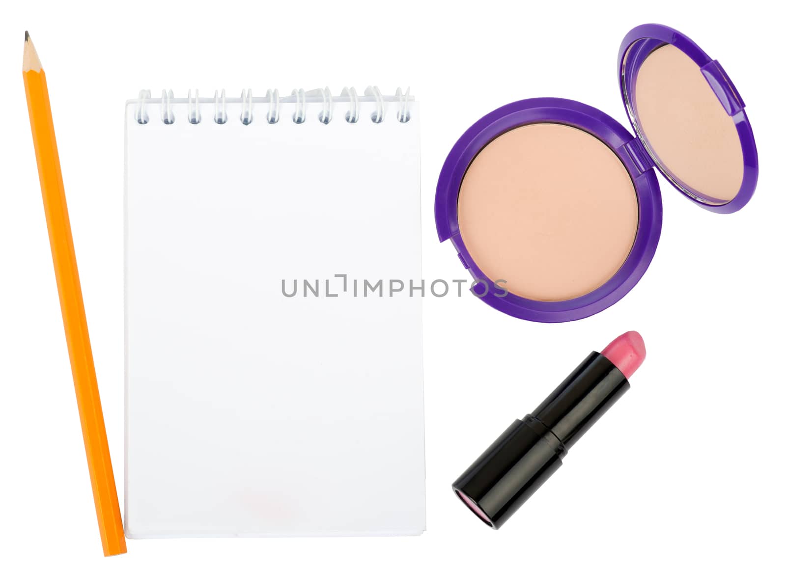 Open copybook with lipstick and powder by cherezoff