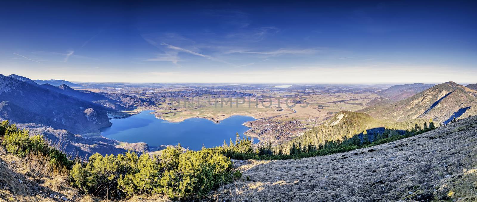 Panorama from mountain Jochberg with view to Kochelsee in the Alps in Bavaria, Germany