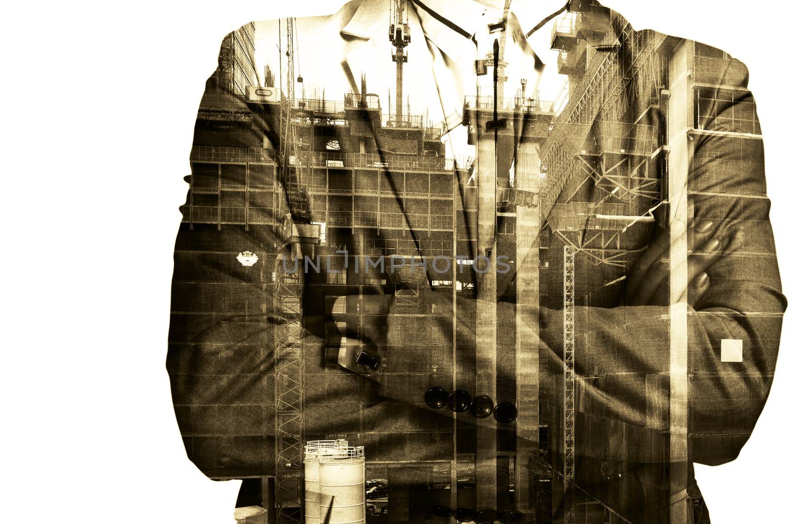 Double exposure Businessman or Civil Engineer stand with Construction site do examination, inspection, survey as Real Estate Development concept