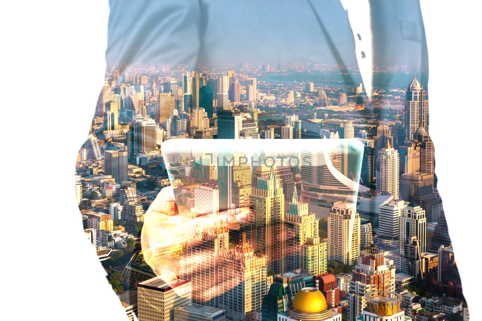 Businessman with Tablet and City of Bangkok, double exposure by thampapon