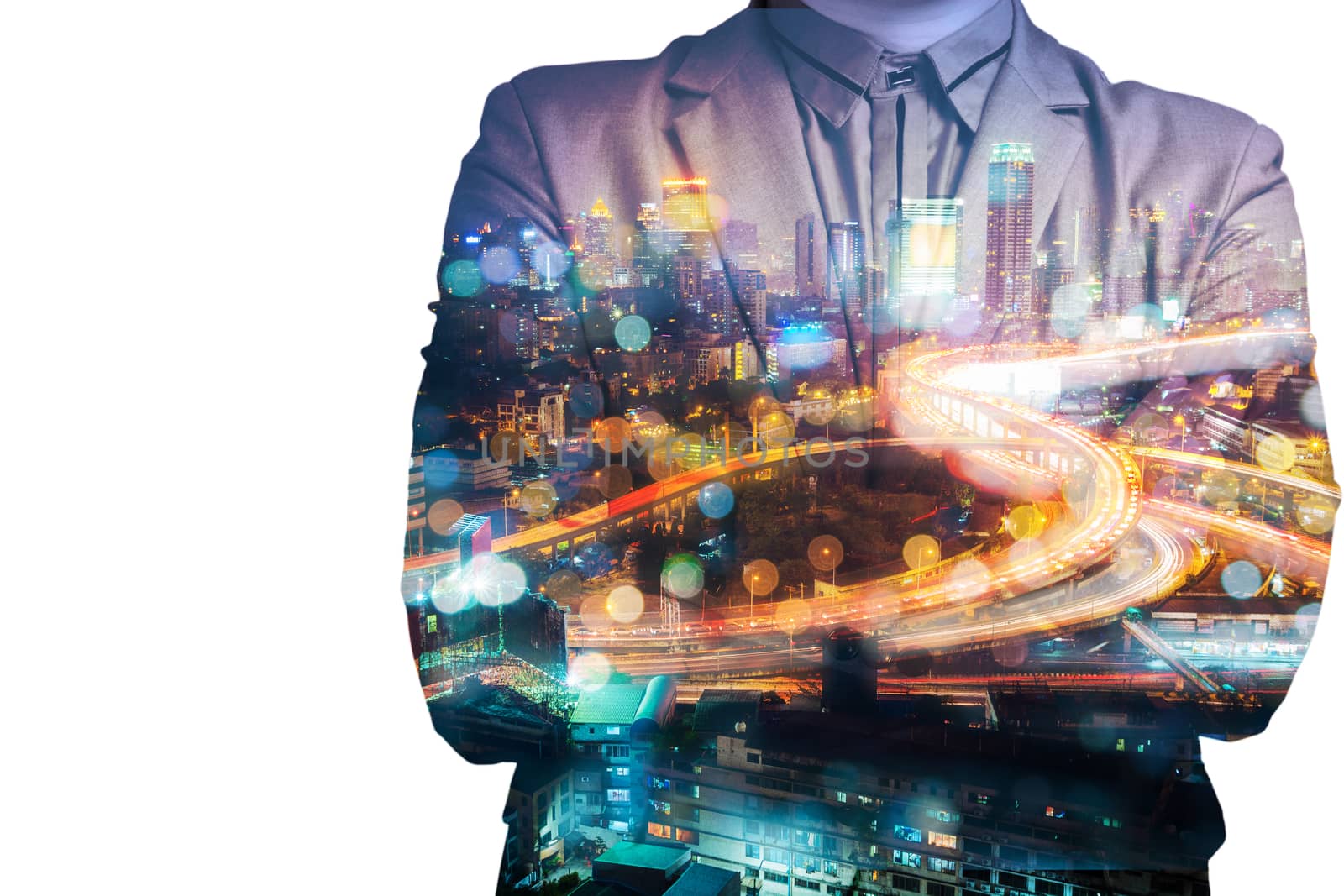 Double Exposure of BusinessMan with Modern City Building and Highway as Real Estate Development Business
