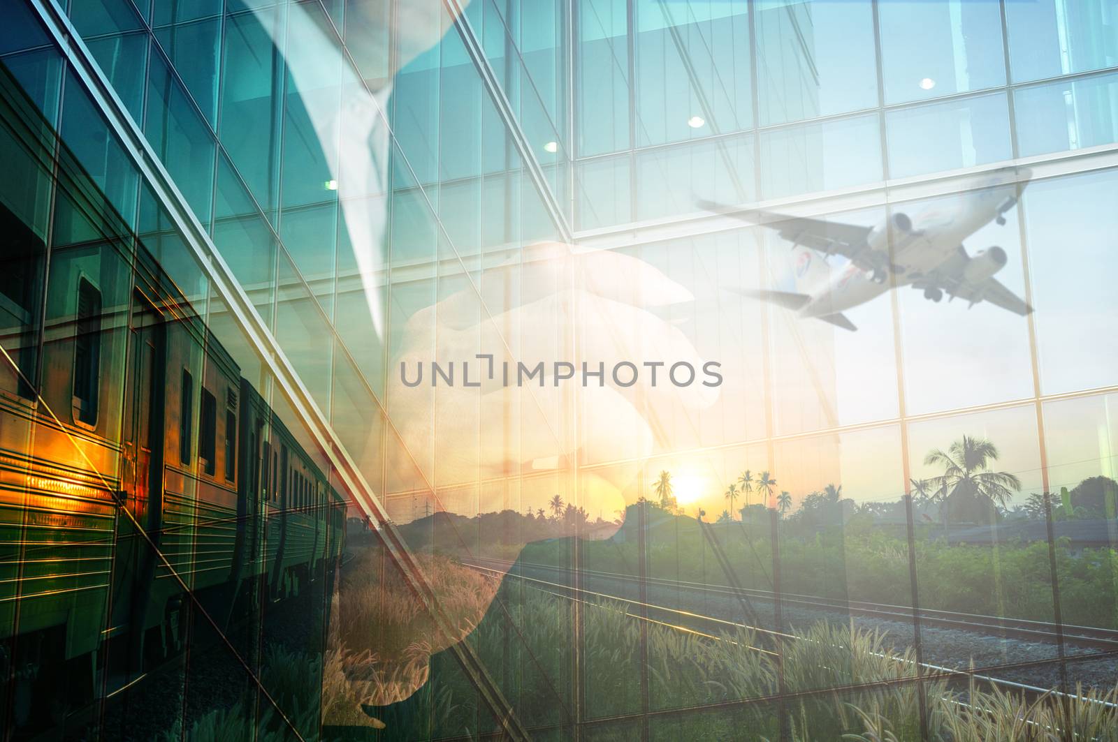 Double Exposure of BusinessMan write something and Train, Airplane as Business Transportation or Logistics Concept.