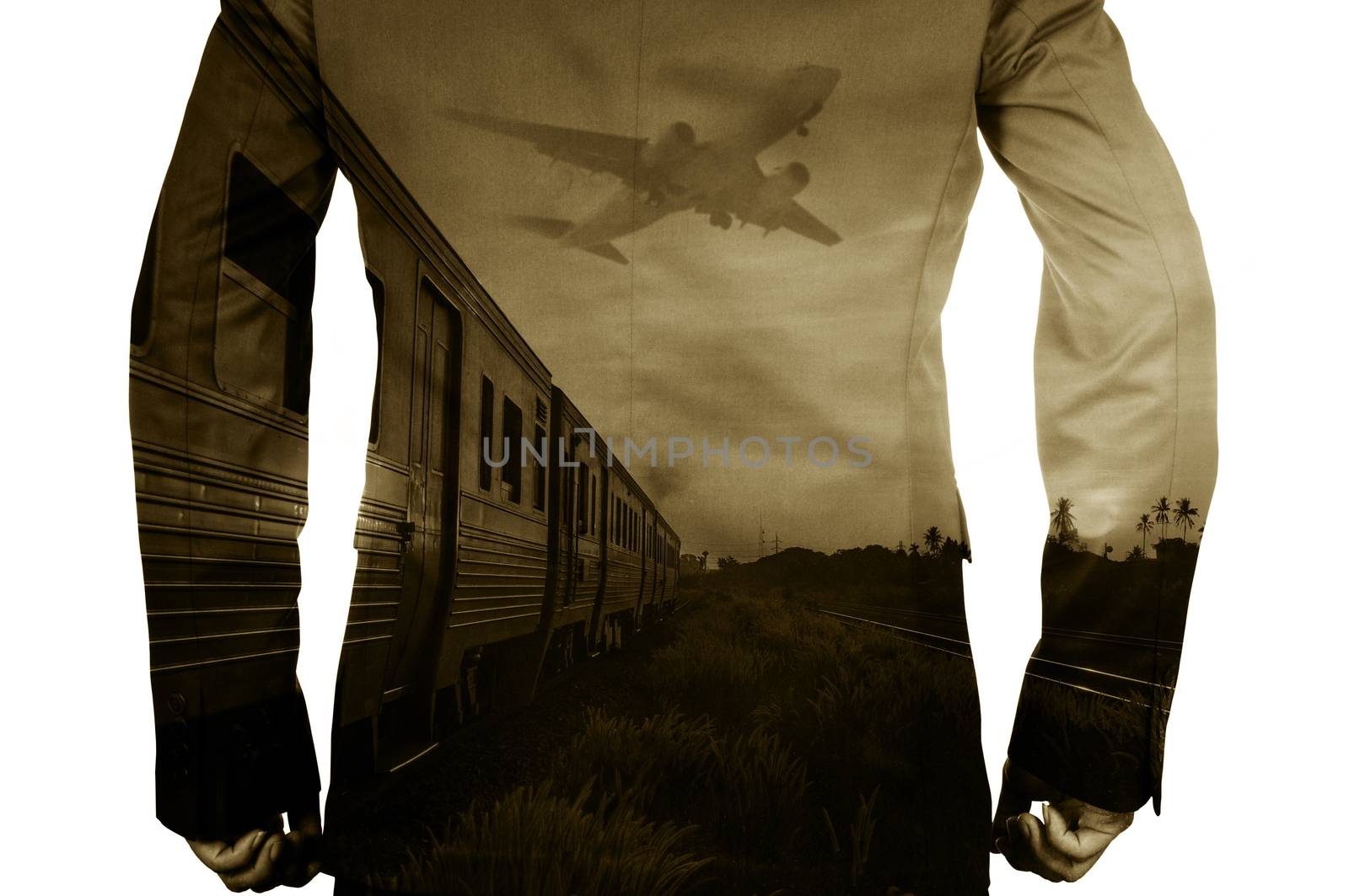 Double Exposure of BusinessMan and Train, Airplane as Business Transportation or Logistics Concept. Filmlook effect and Sepia style