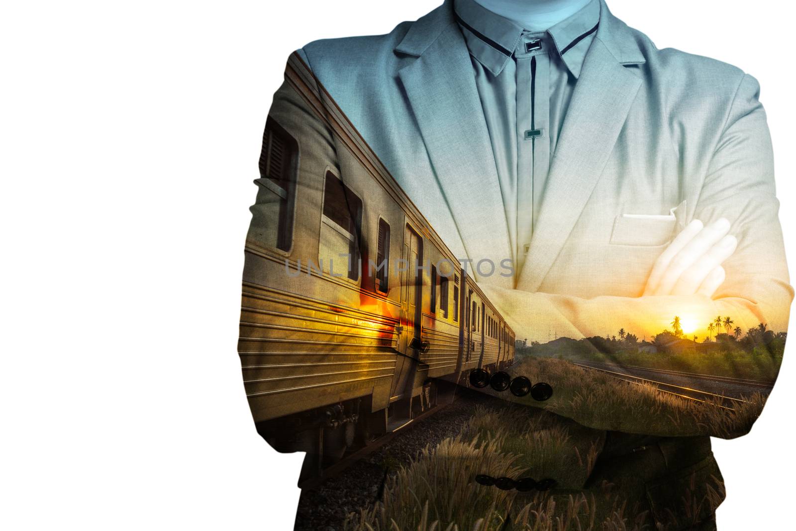 Double exposure of Train Station with Railway and businessman as Business development concept.