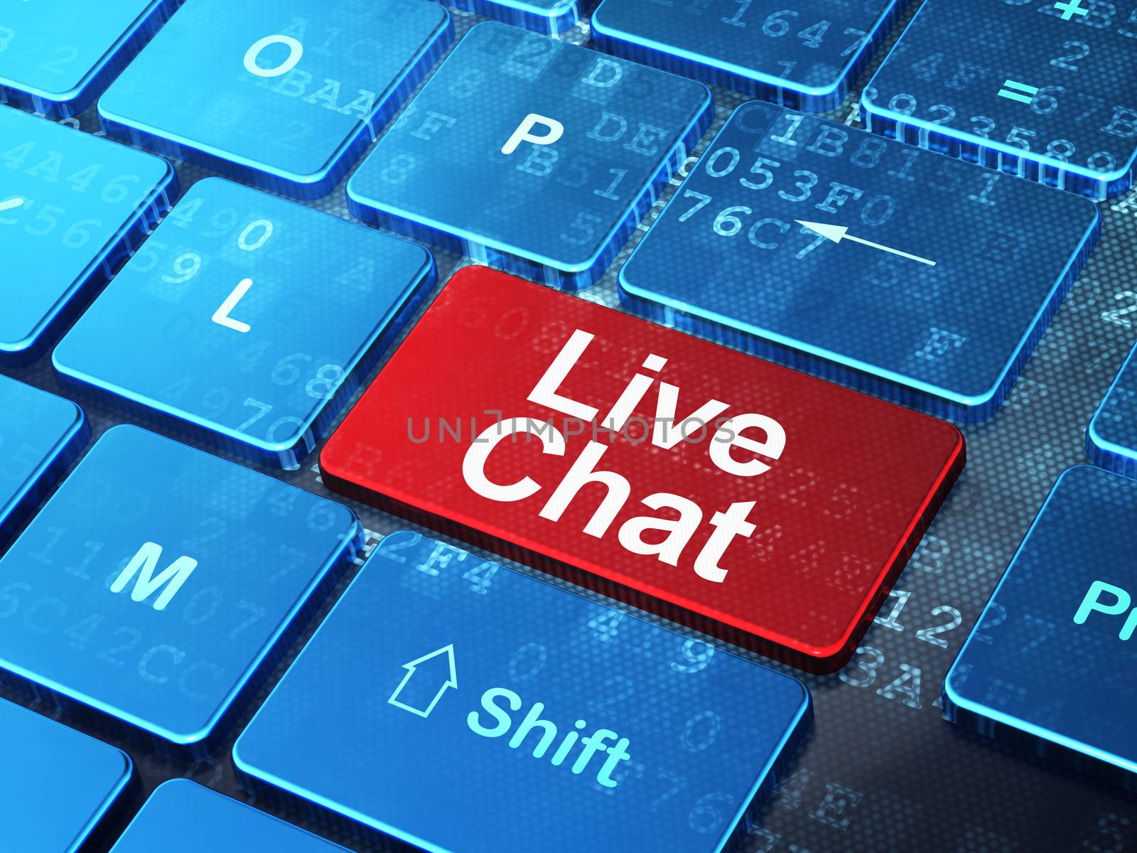 Web design concept: computer keyboard with word Live Chat on enter button background, 3D rendering
