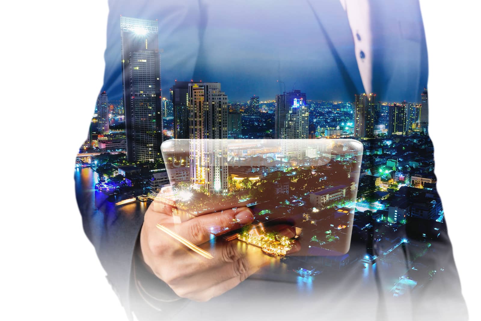 Double Exposure image of Businessman use Digital Tablet and City by thampapon