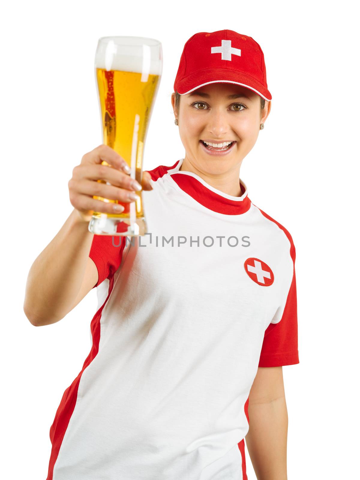 Photo of a Swiss sports fan holding a beer and cheering for her team isolated over white background.