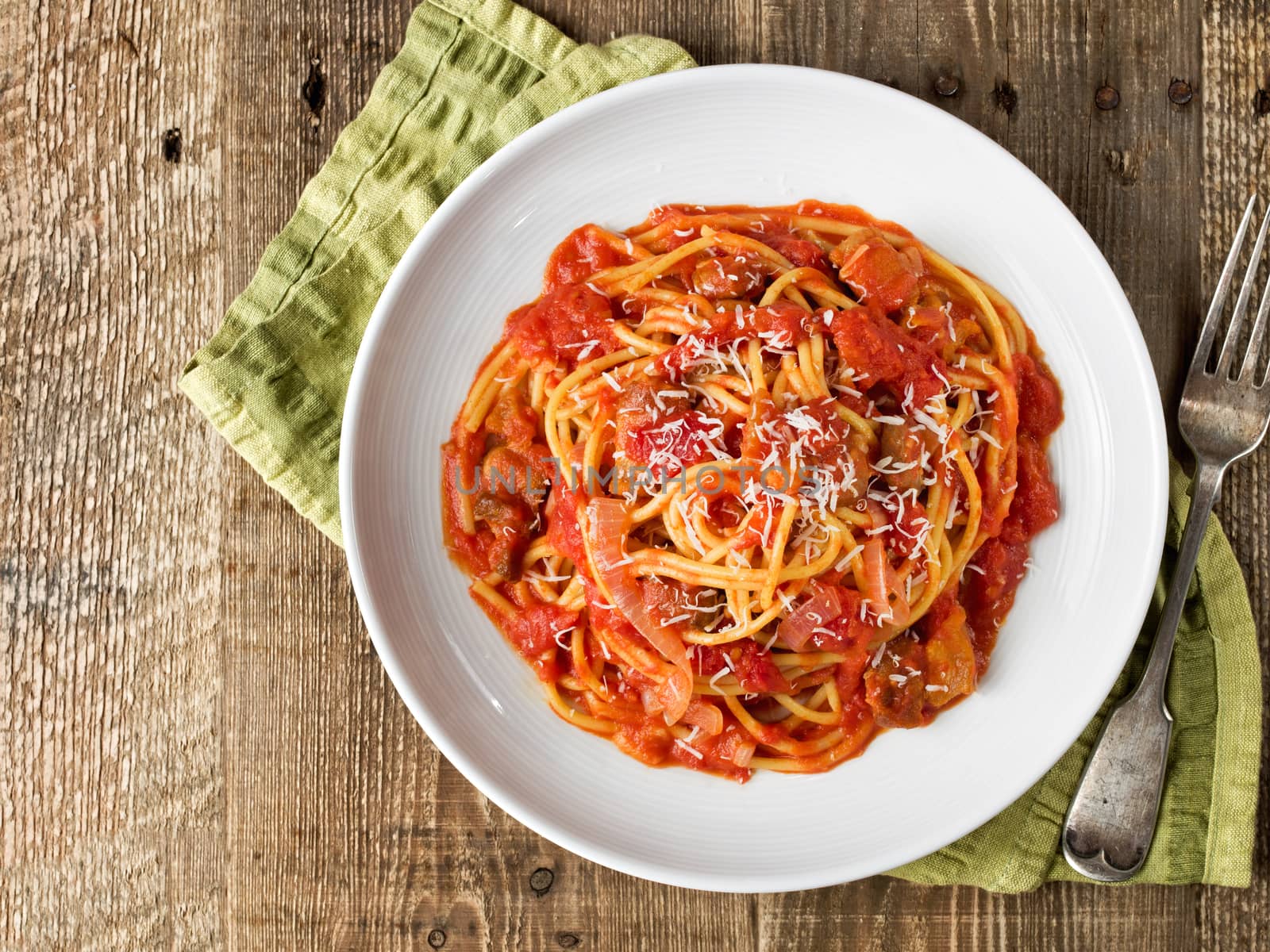 close up of rustic italian bucatini amatriciana