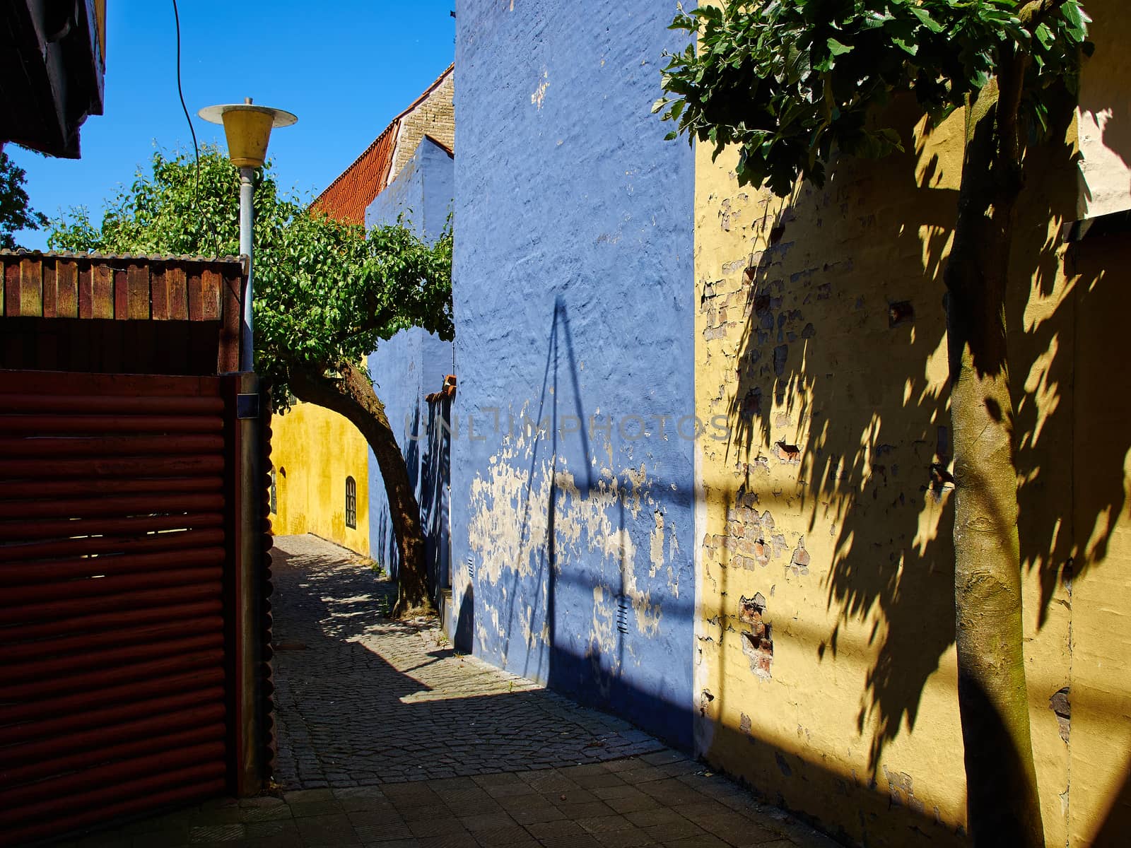 Typical small beautiful street with old traditional Danish style houses Faaborg Denmark