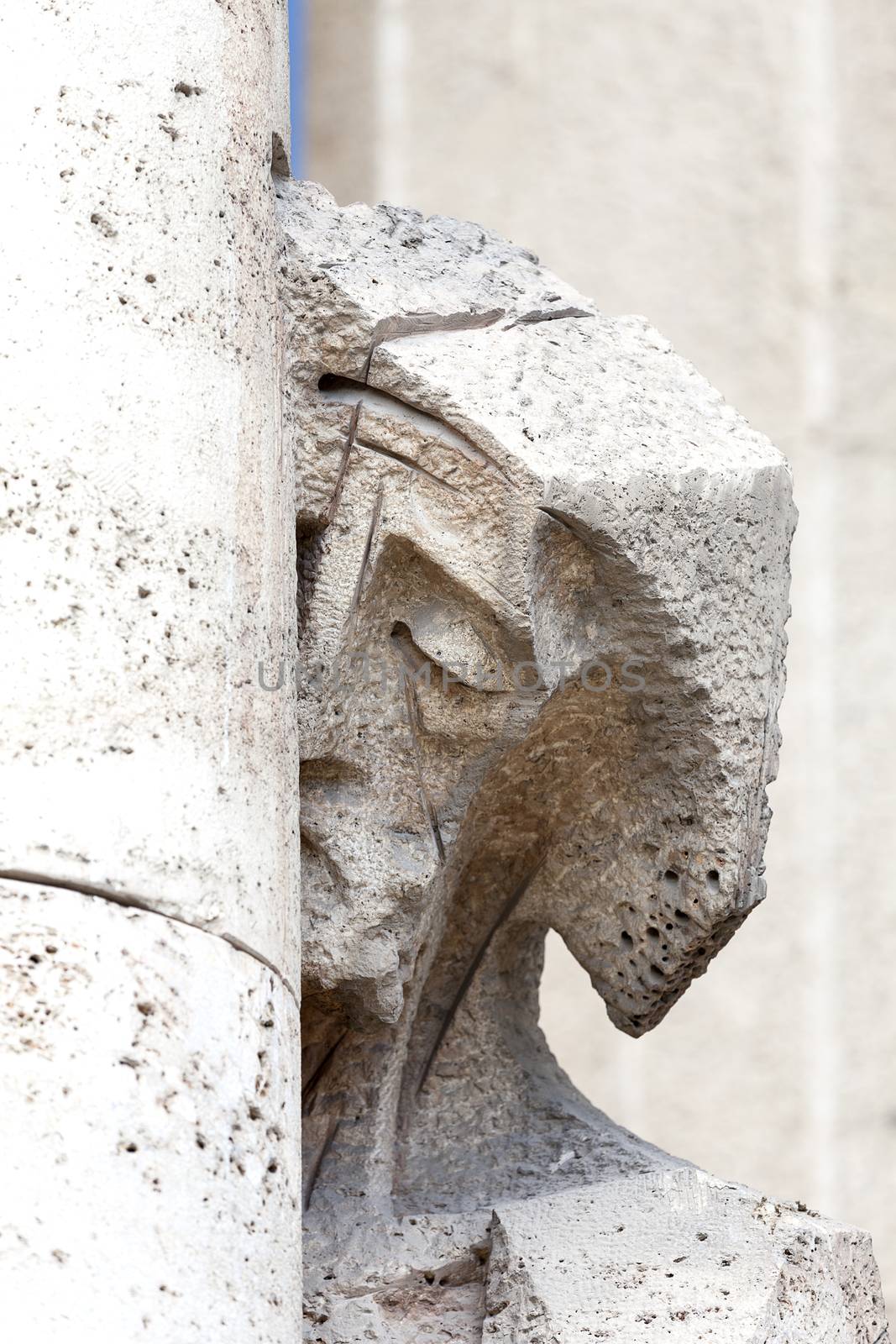 BARCELONA, SPAIN - MAY 13, 2016 : Details of Sagrada Familia, church  designed by Spanish architect Antoni Gaudi. Catholic church still built since March 1882, is a combination of Gothic style and curvilinear Art Nouveau forms.