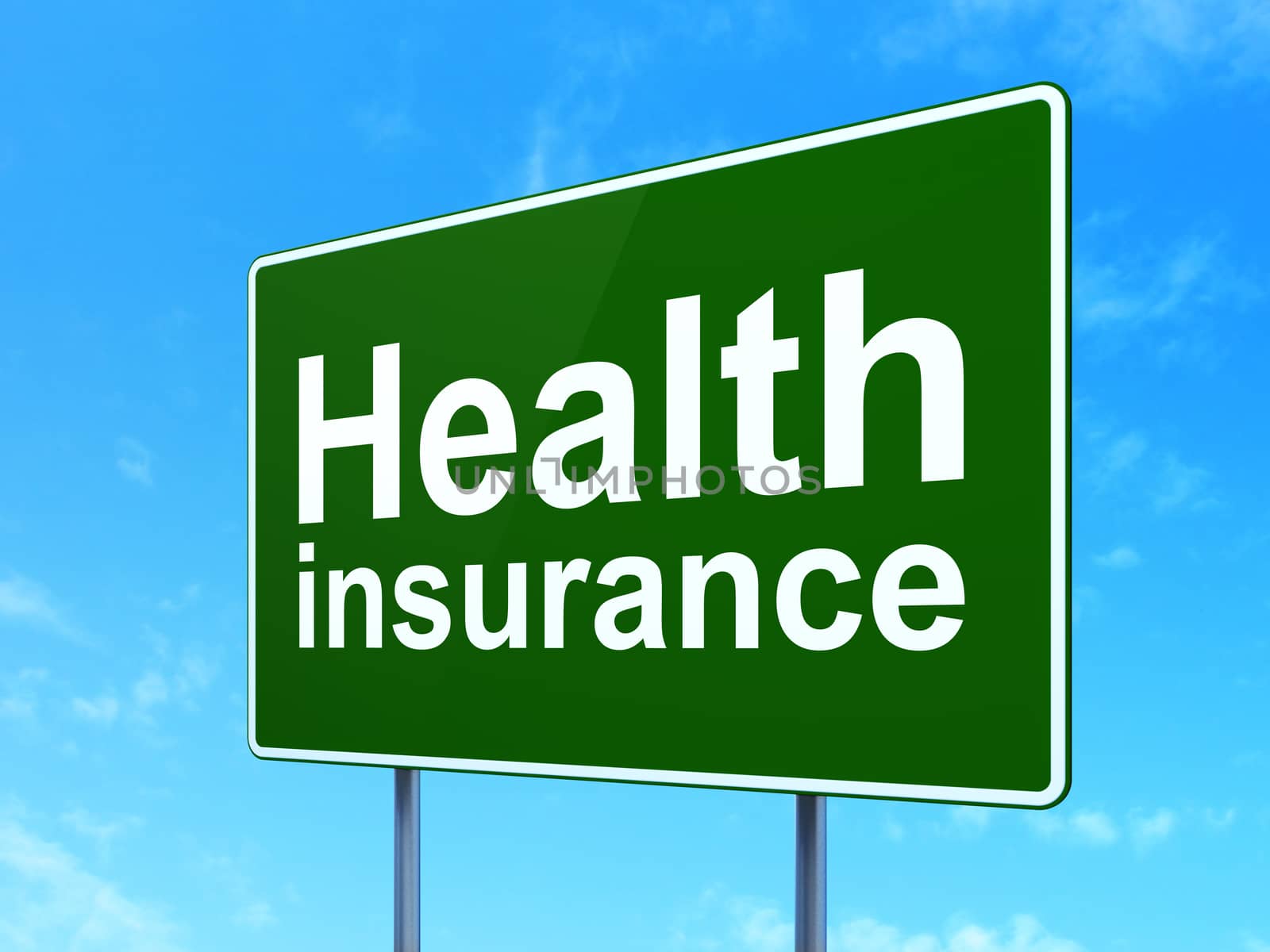 Insurance concept: Health Insurance on green road highway sign, clear blue sky background, 3D rendering