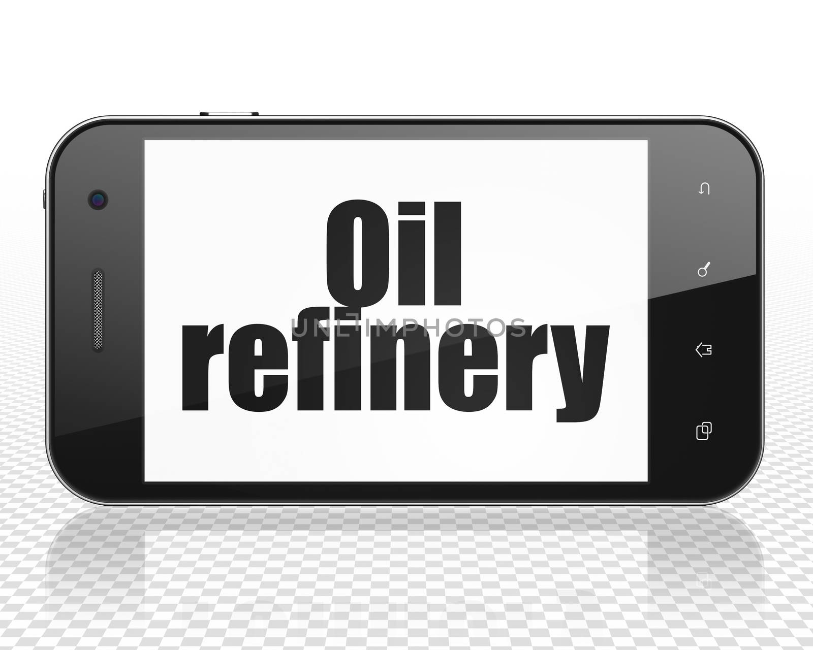 Manufacuring concept: Smartphone with black text Oil Refinery on display, 3D rendering