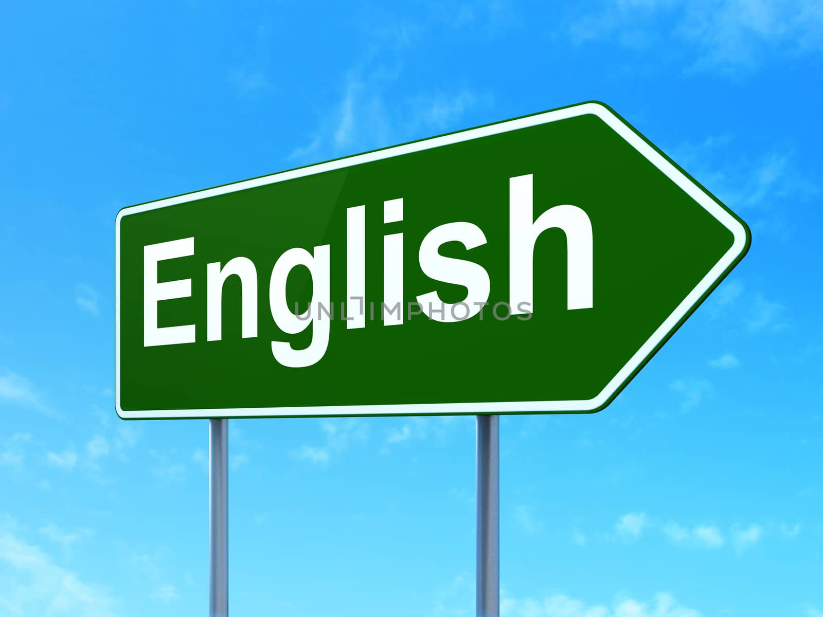 Learning concept: English on green road highway sign, clear blue sky background, 3D rendering