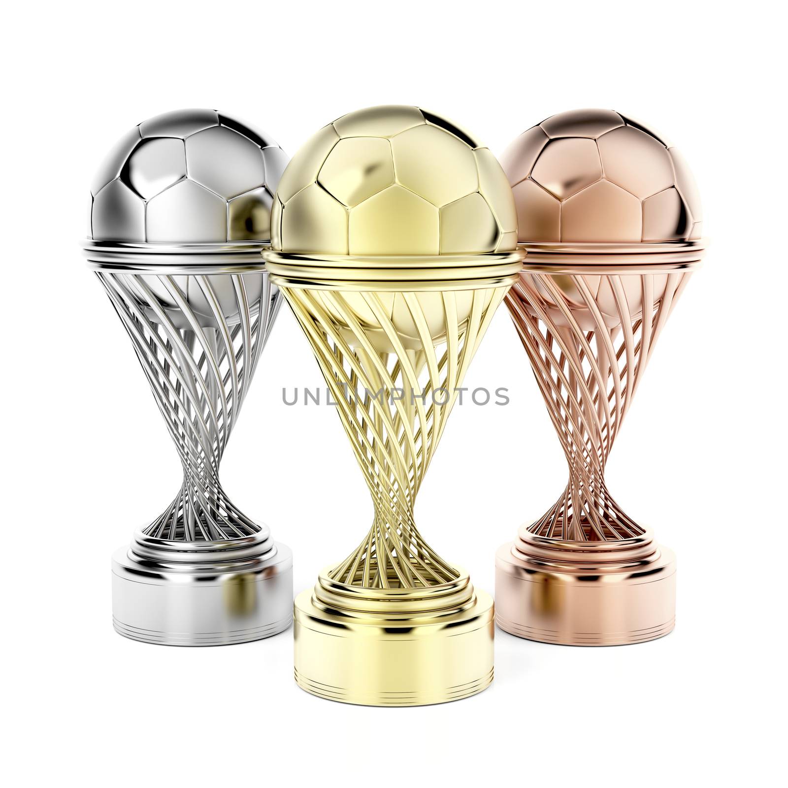Gold, silver and bronze football trophies on shiny white background 