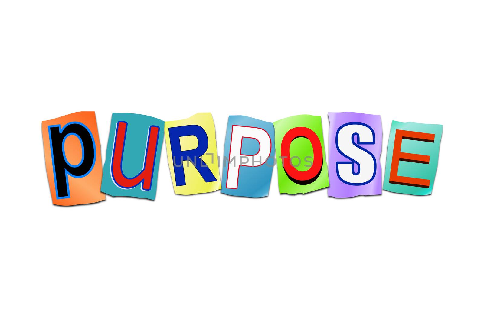 Illustration depicting a set of cut out printed letters arranged to form the word purpose.