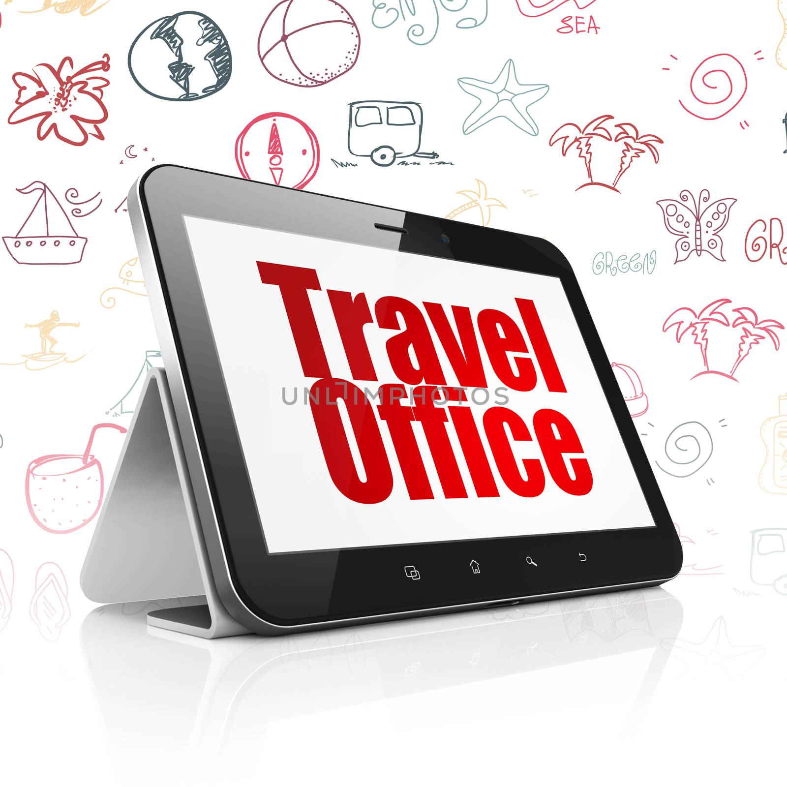 Vacation concept: Tablet Computer with  red text Travel Office on display,  Hand Drawn Vacation Icons background, 3D rendering