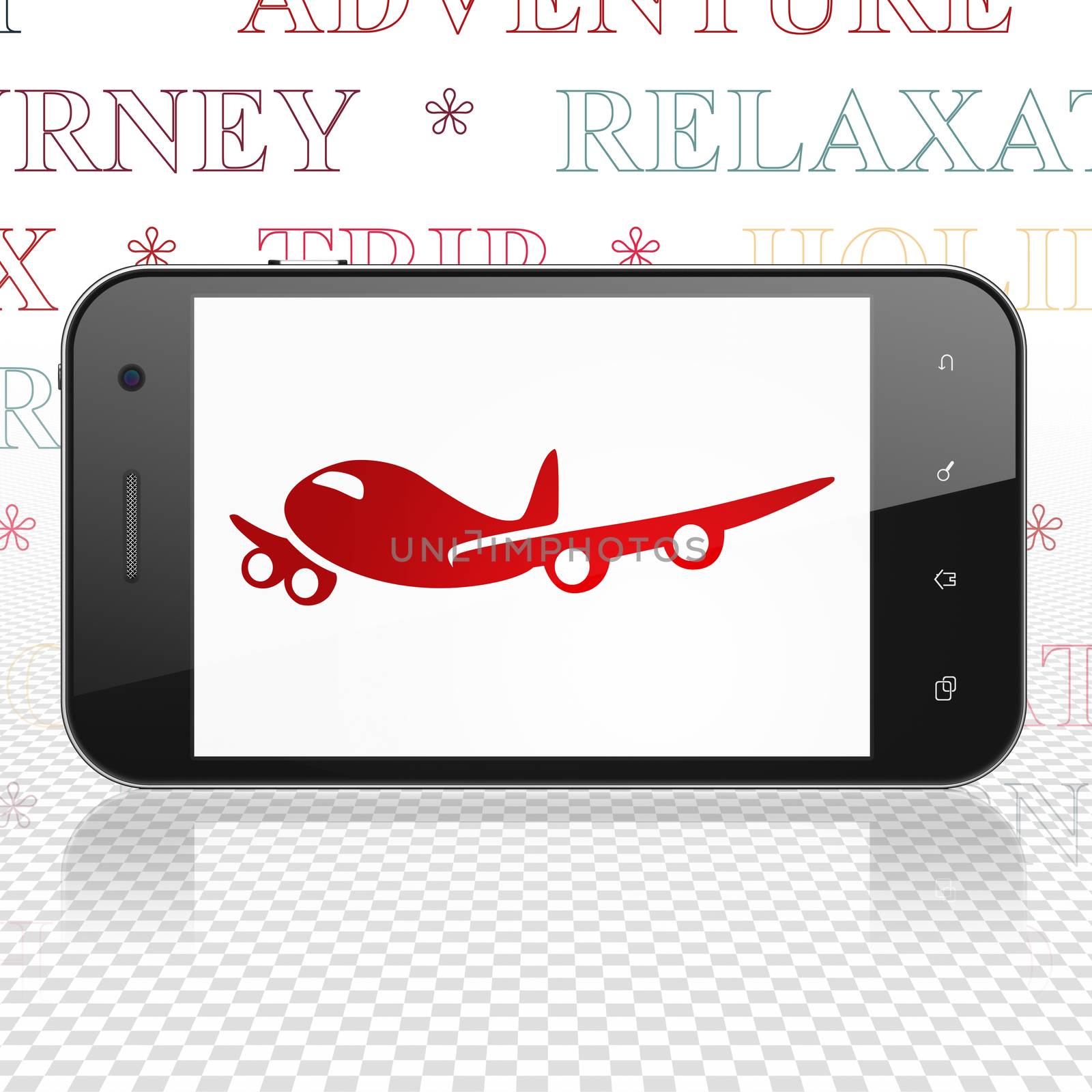 Travel concept: Smartphone with  red Airplane icon on display,  Tag Cloud background, 3D rendering