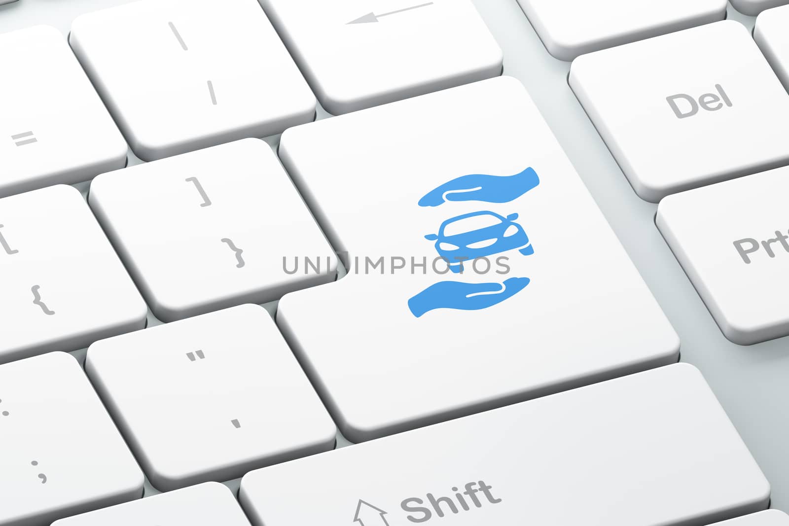 Insurance concept: Enter button with Car And Palm on computer keyboard background, 3D rendering