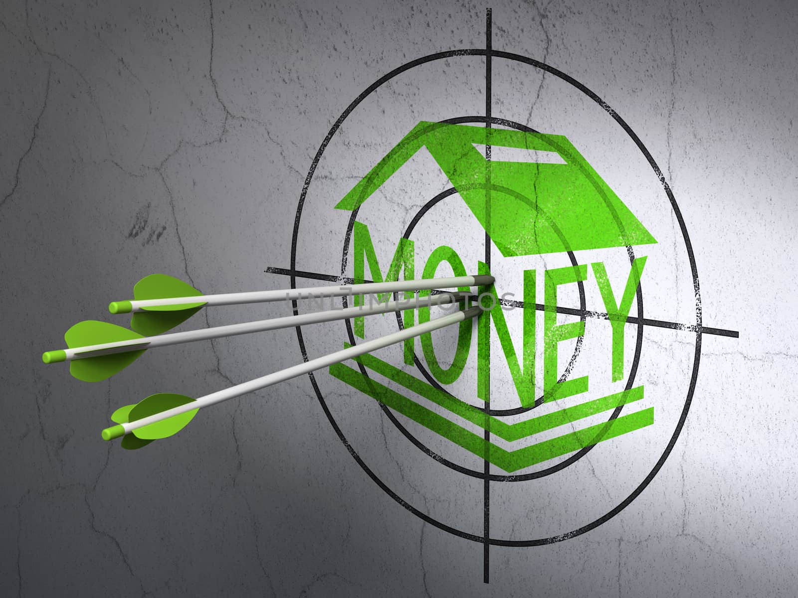 Success money concept: arrows hitting the center of Green Money Box target on wall background, 3D rendering