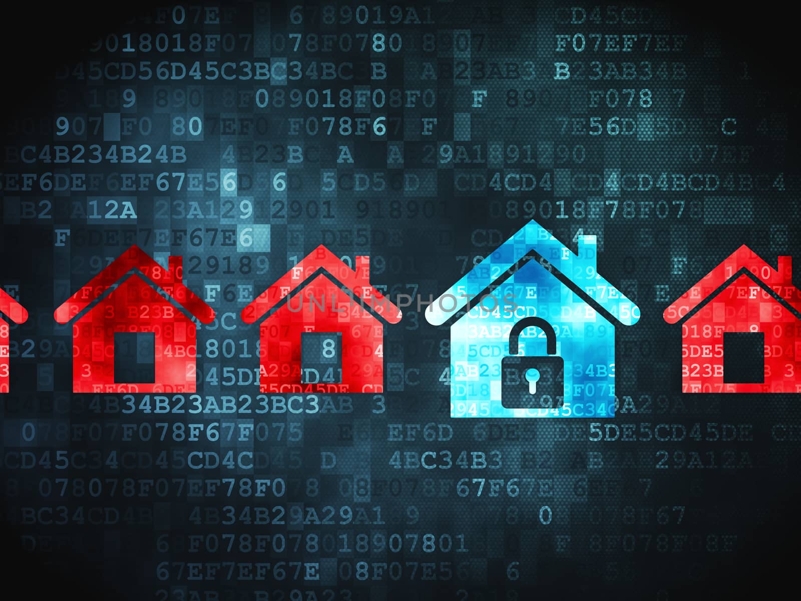 Security concept: pixelated Home icon on digital background