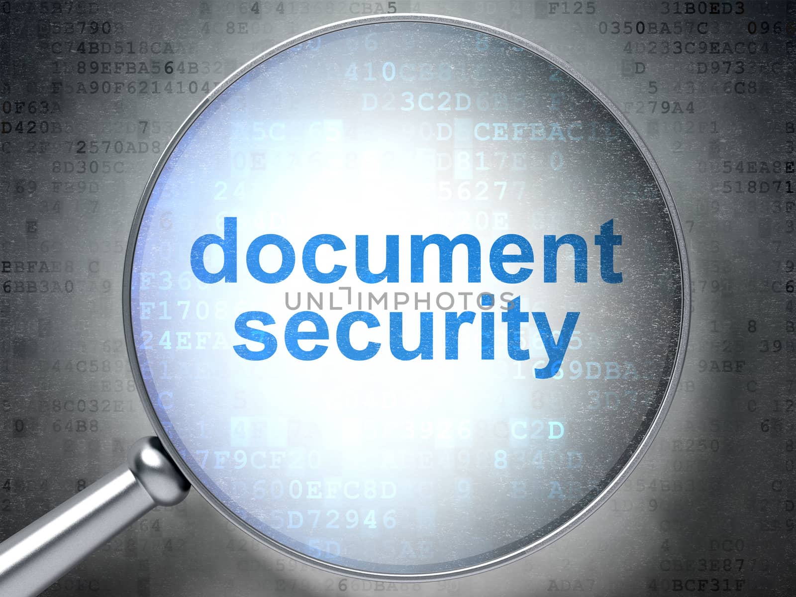 Security concept: magnifying optical glass with words Document Security on digital background, 3D rendering