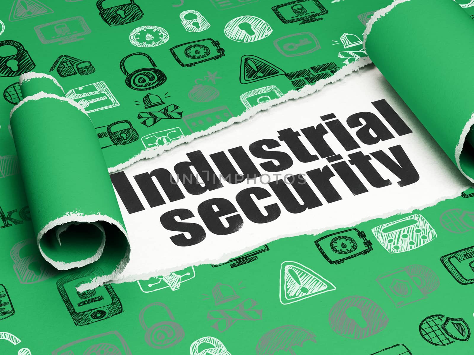 Security concept: black text Industrial Security under the curled piece of Green torn paper with  Hand Drawn Security Icons, 3D rendering