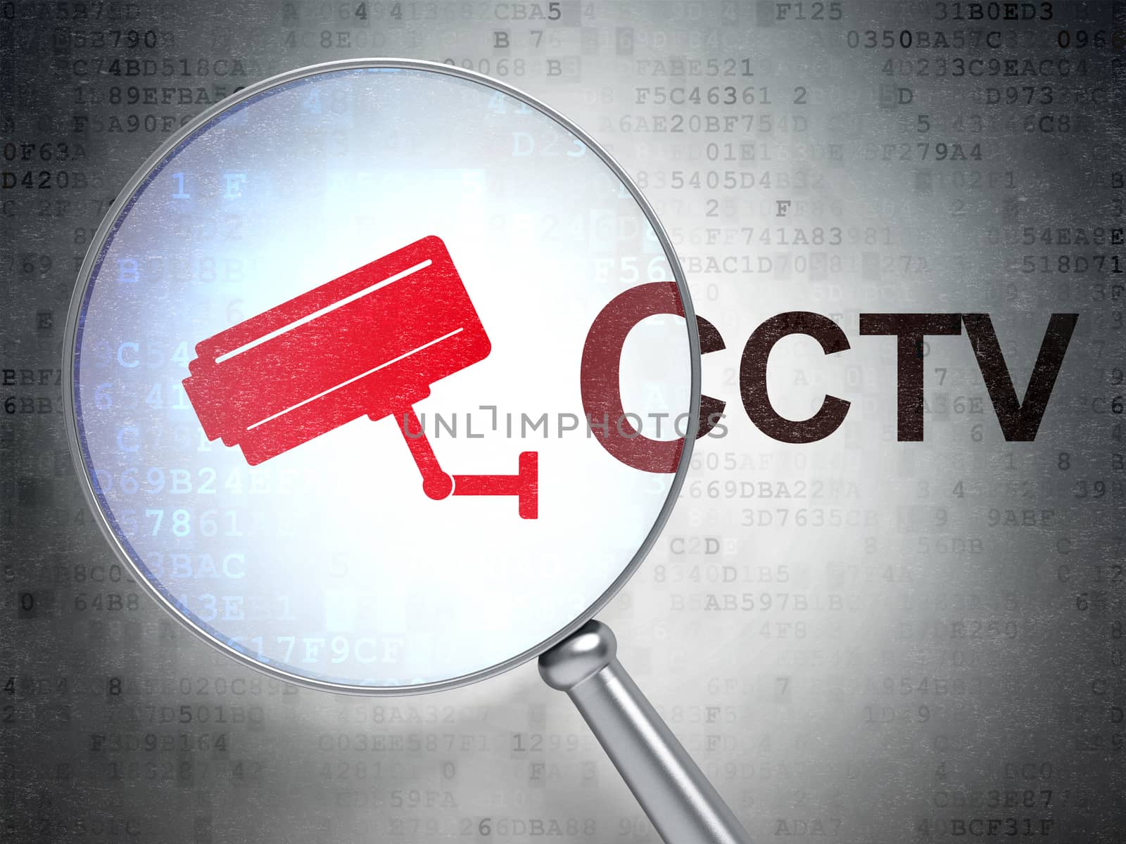 Safety concept: magnifying optical glass with Cctv Camera icon and CCTV word on digital background, 3D rendering