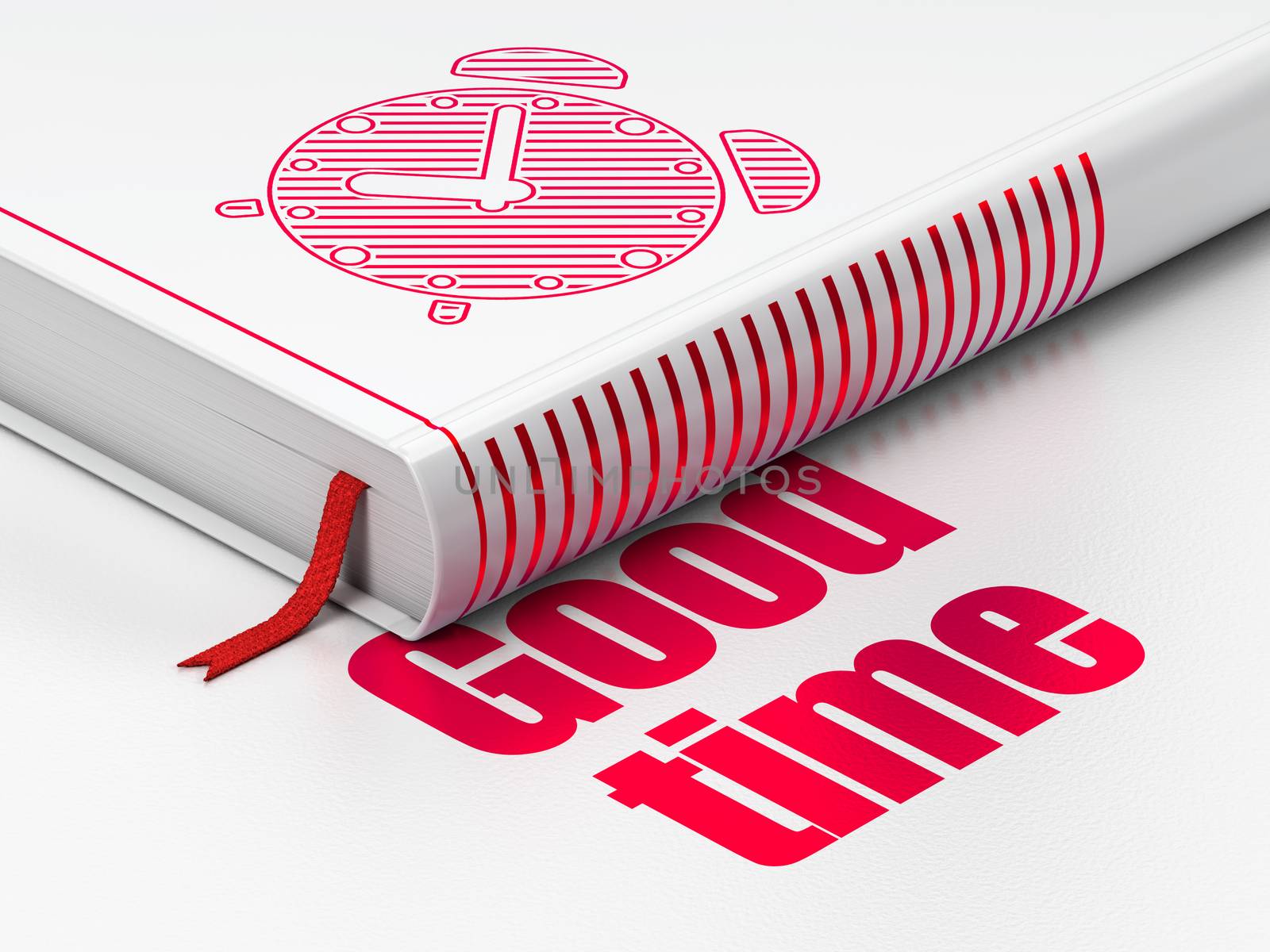 Time concept: closed book with Red Alarm Clock icon and text Good Time on floor, white background, 3D rendering