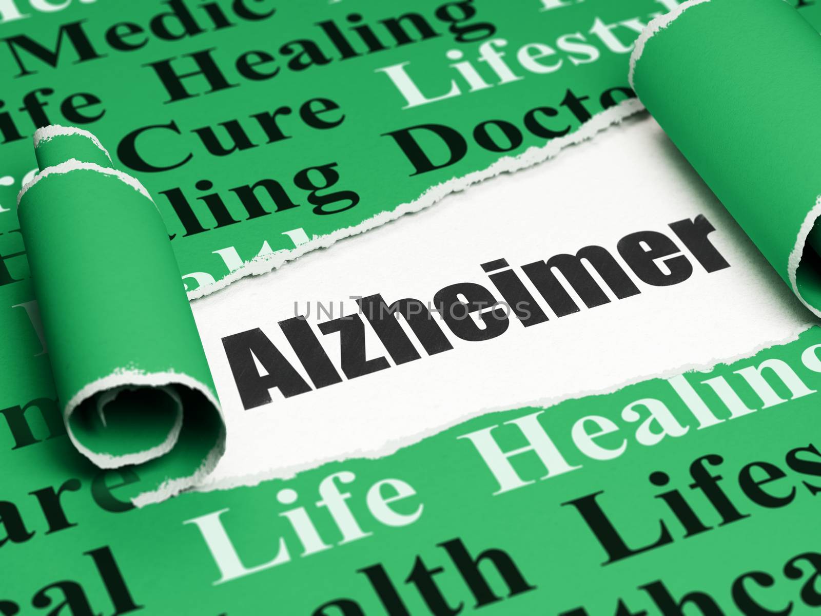 Medicine concept: black text Alzheimer under the curled piece of Green torn paper with  Tag Cloud, 3D rendering