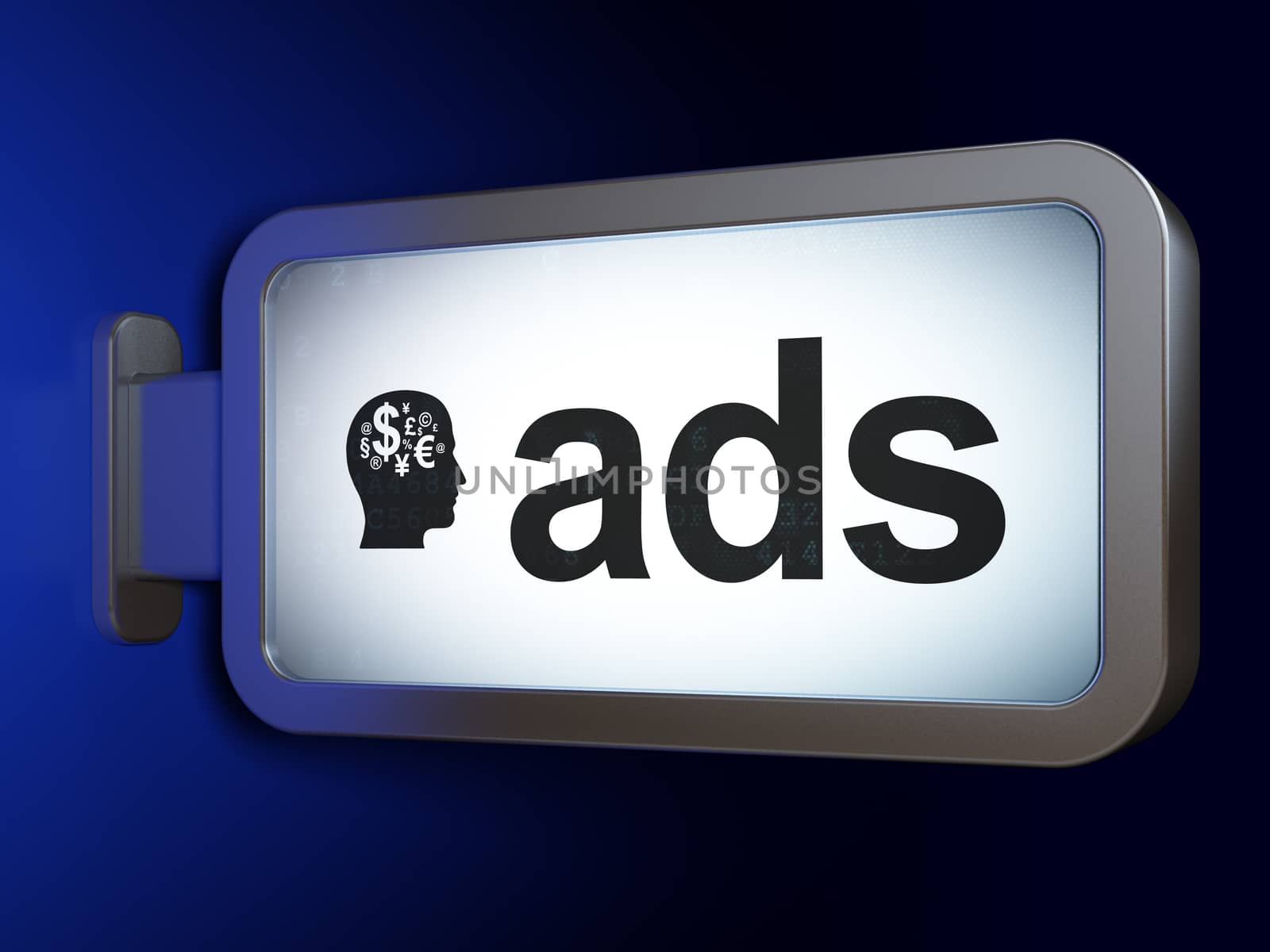 Advertising concept: Ads and Head With Finance Symbol on advertising billboard background, 3D rendering