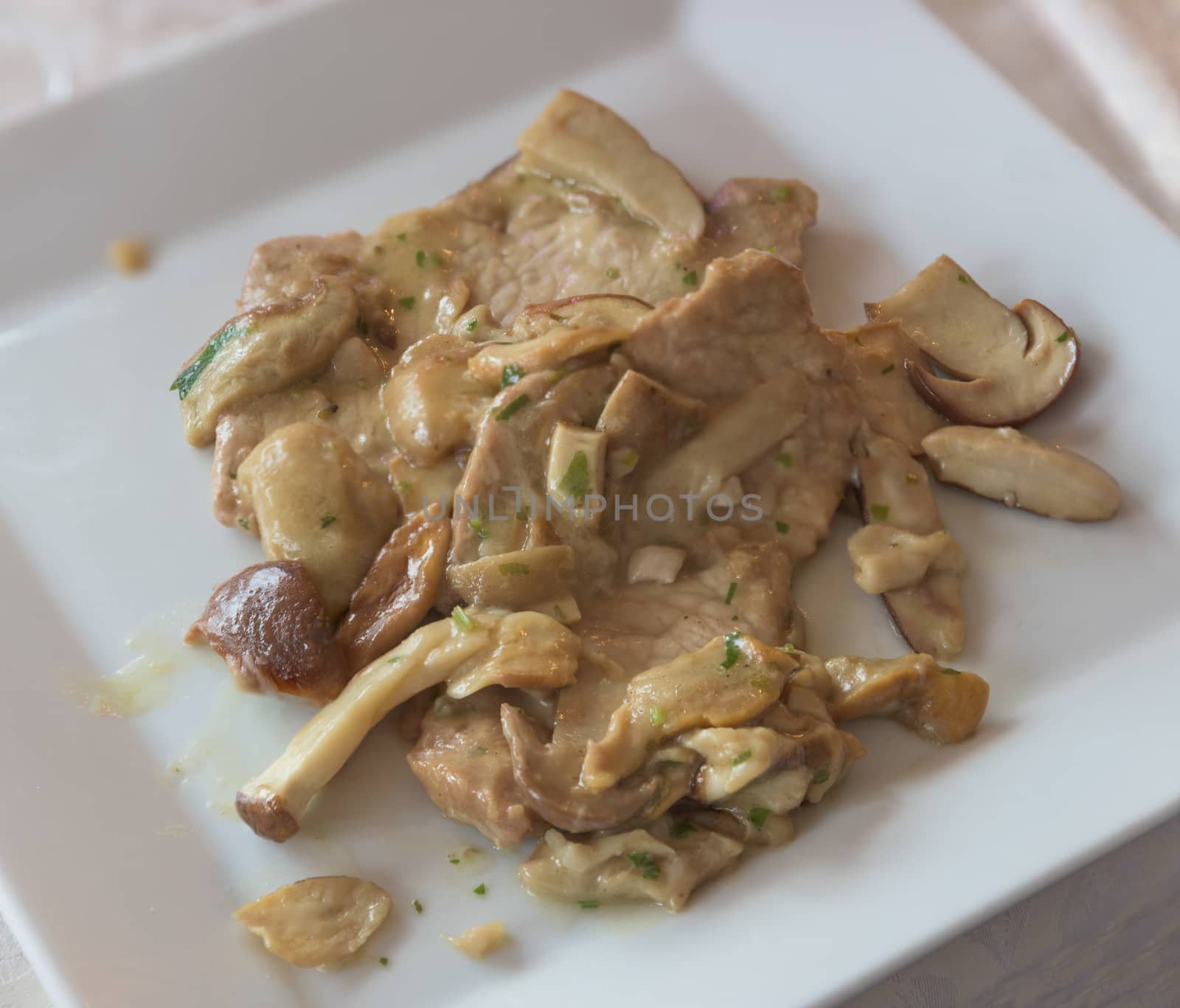 In the pictured scallops of veal with mushrooms (Porcini) close up from above.