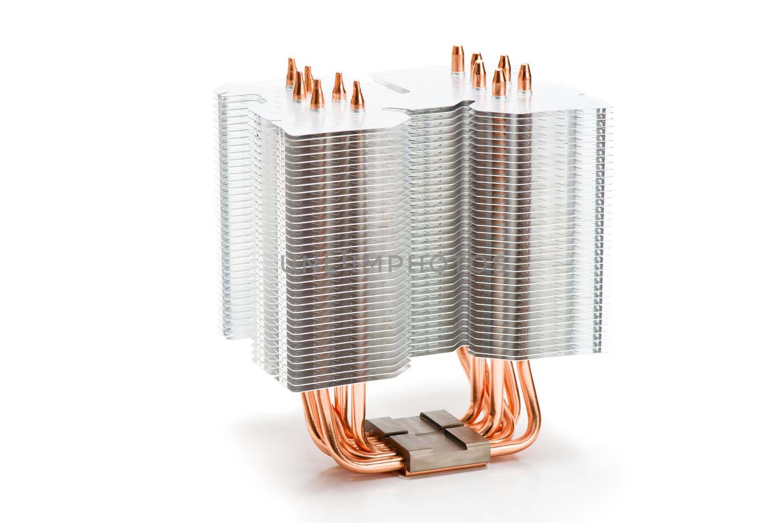 Processor cooler tower type with heat pipe on white background