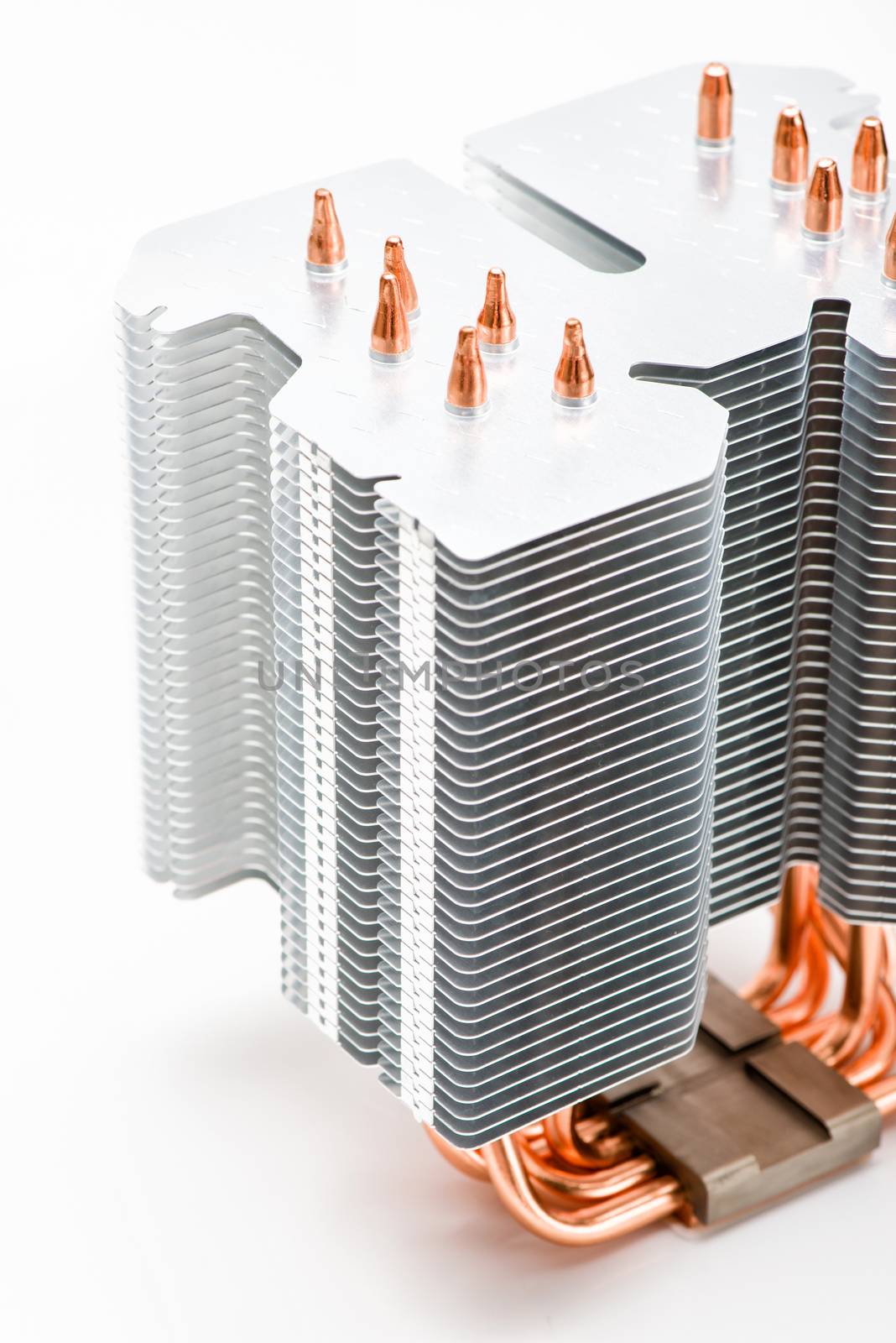 Heatpipes in modern cooler. Cooling concept on white background