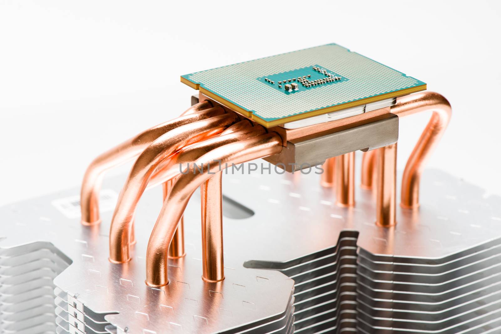 Modern processor on plate the cooler. Cooling concept on white background