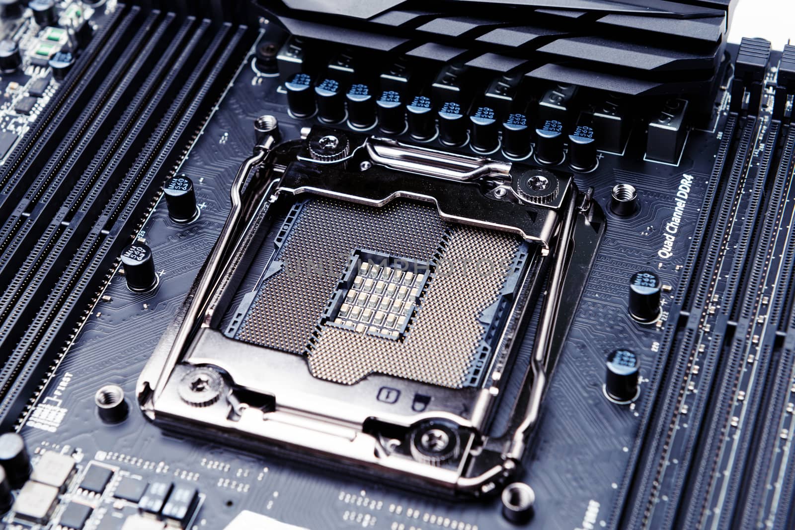 CPU socket on the motherboard. Toned image