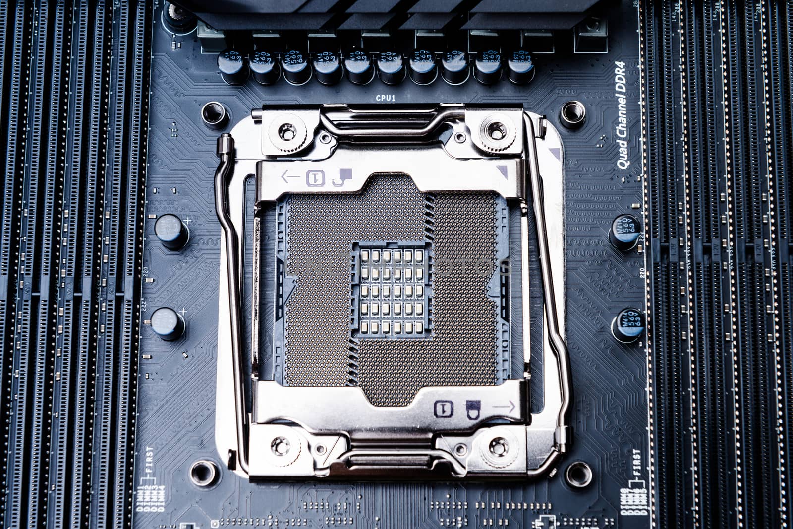 CPU socket on the motherboard. Top view. Toned image by Draw05