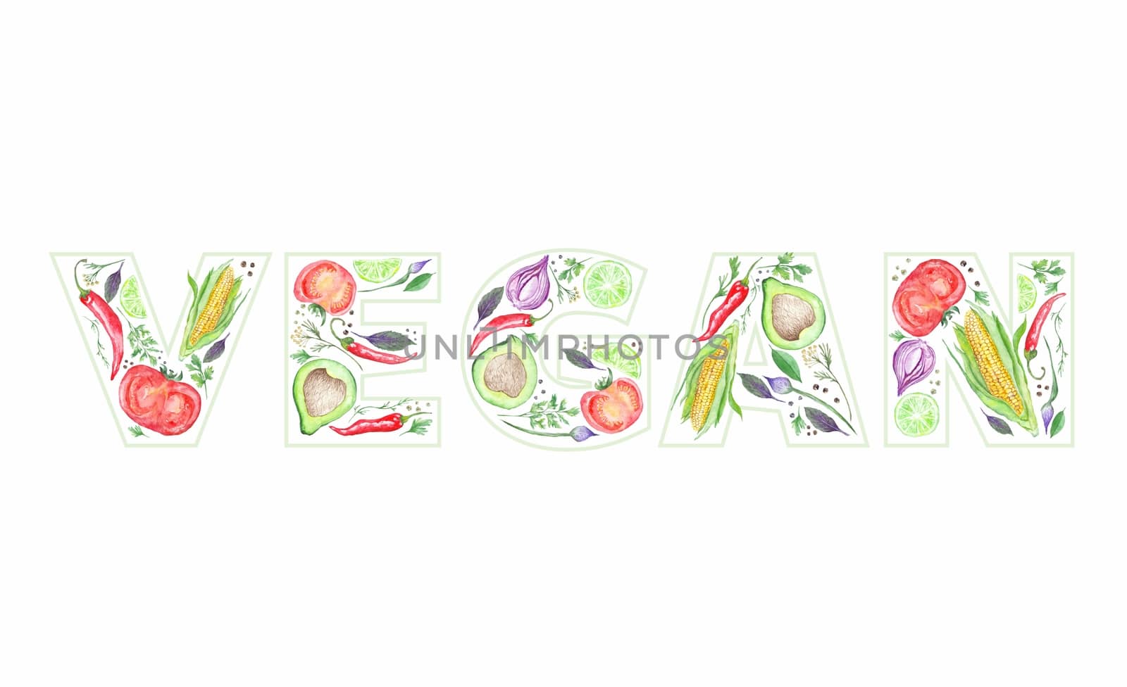 Creative vegetarian print with vegetables healthy food inside letters on white background