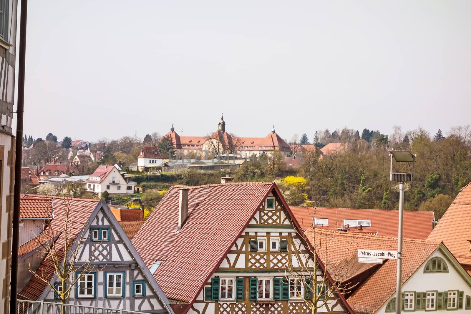 Backnang, Germany - April 03, 2016: View over the half-timbered buildings of Backnang, near town center.