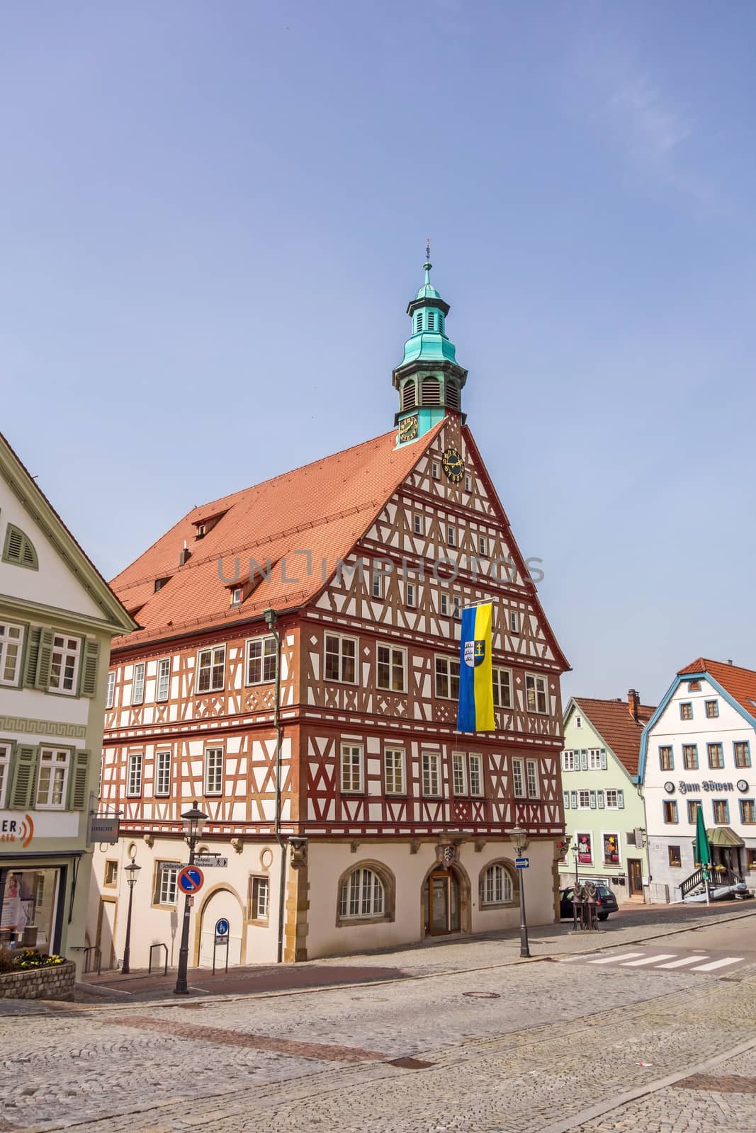 Backnang, Germany - April 3, 2016: City center with townhall and half-timbered houses