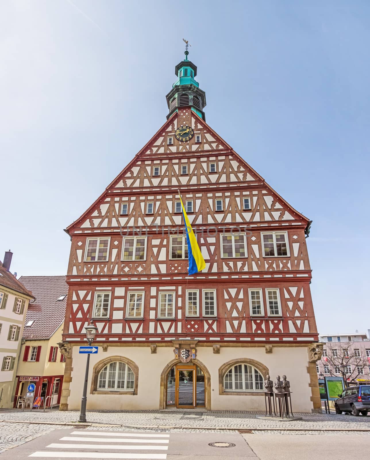 Backnang, Germany - April 3, 2016: City center with historical townhall and half-timbered houses