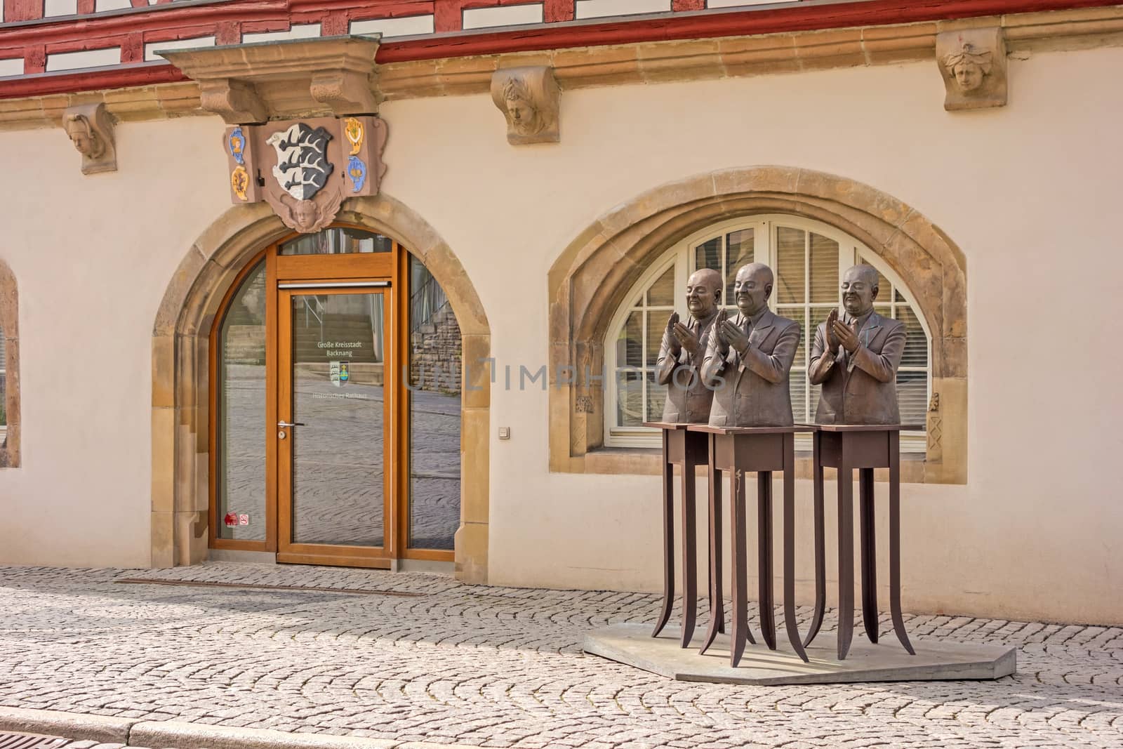 Backnang, Germany - April 3, 2016: Historical townhall entrance with sculpture on the right