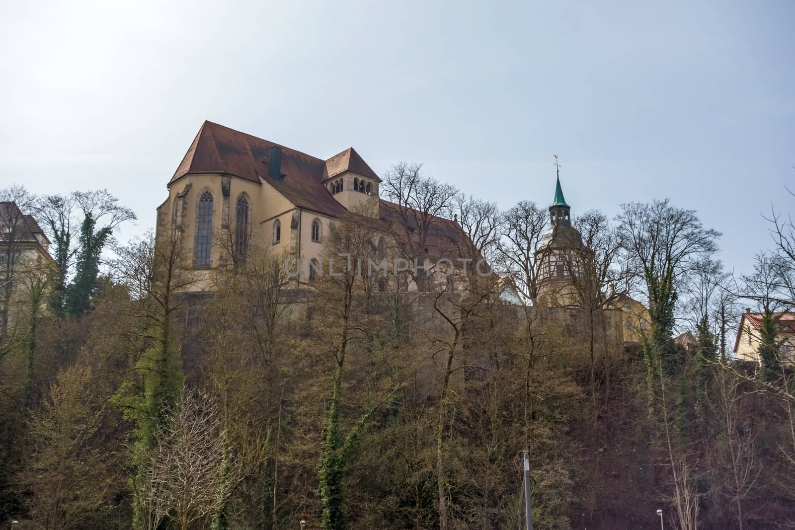 Backnang, Germany - April 03, 2016: Abbey church of Backnang above the city near town hall and market place.
