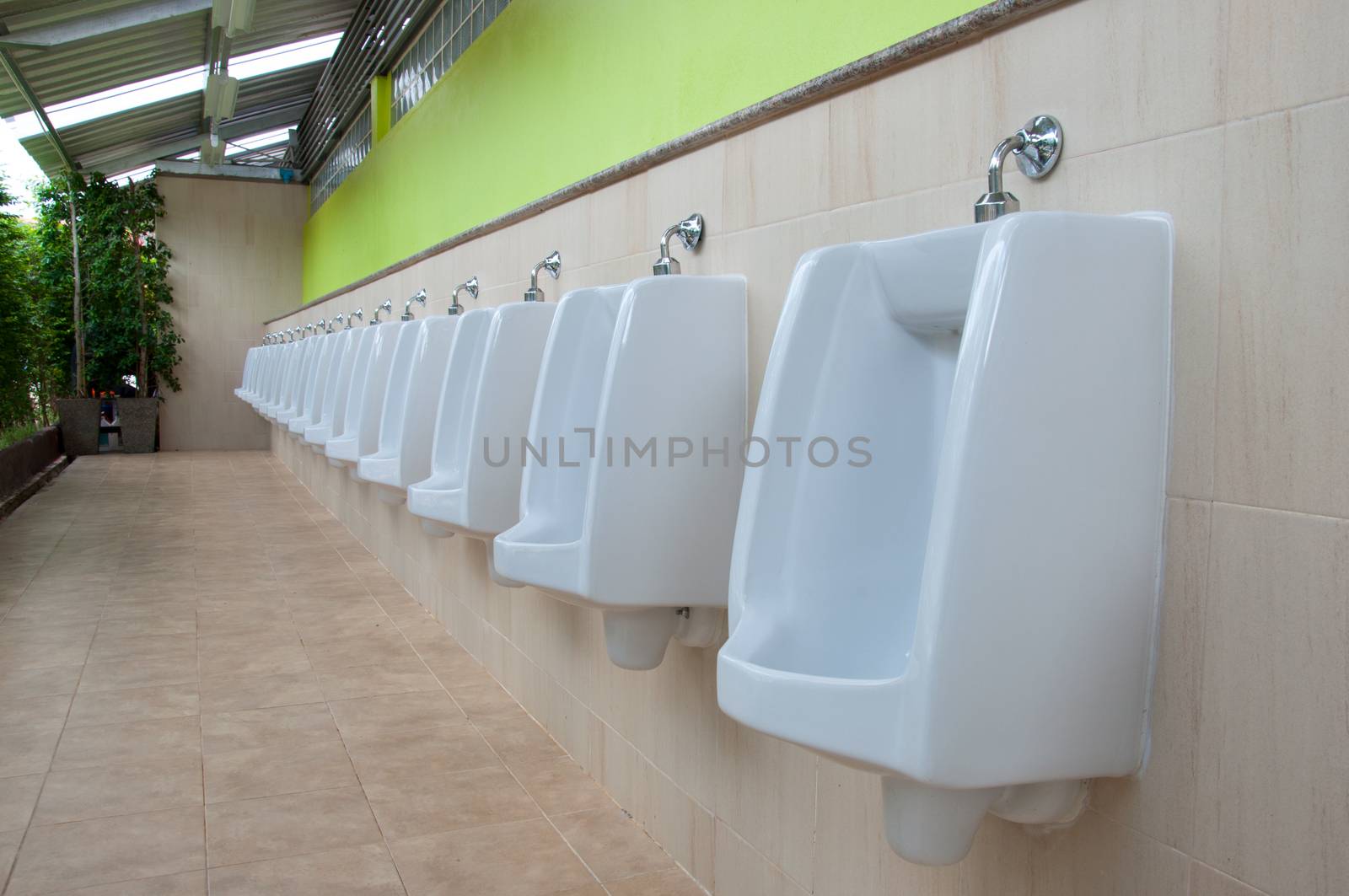 Row white urinals in men's toilet