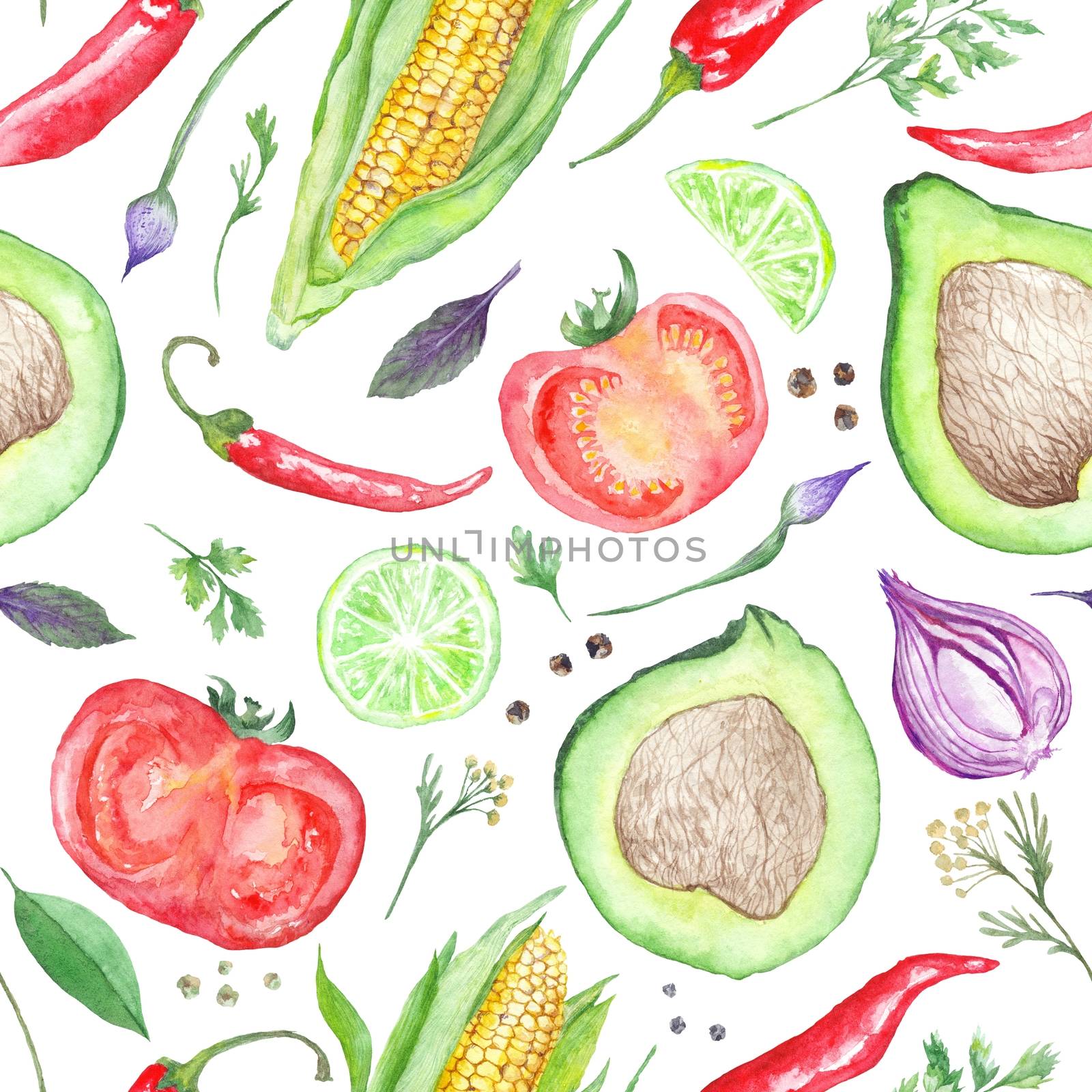Seamless watercolor texture with vegan healthy food of mexican cuisine on white background